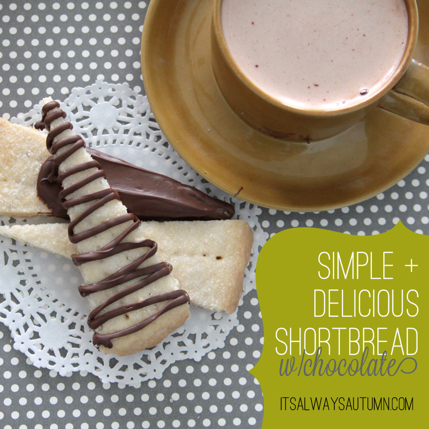 Pieces of shortbread with chocolate on them and cup of cocoa