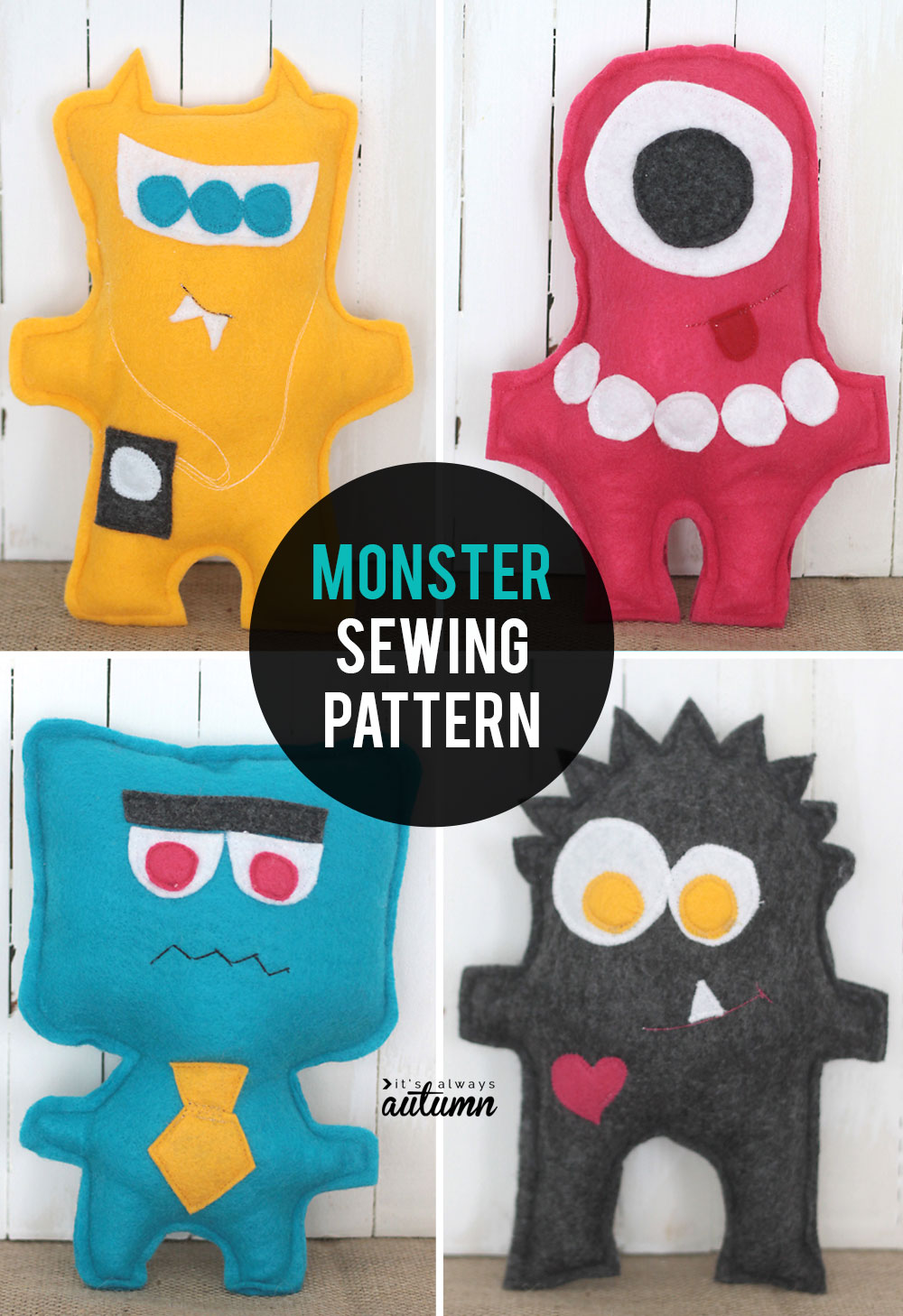 Click through for the free pattern for these adorable little felt monsters! Five mix-n-match monsters included in this easy beginner sewing project.