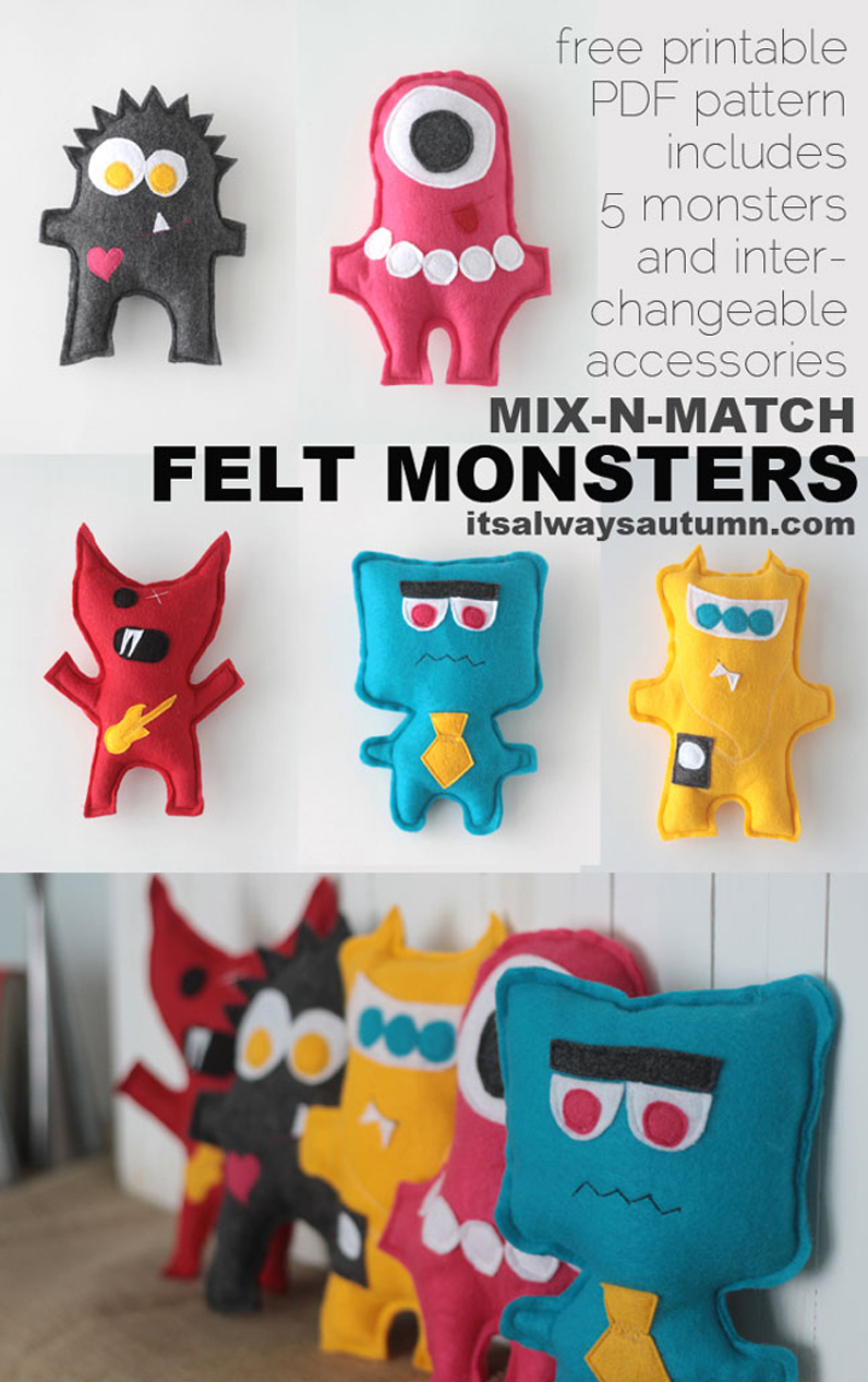 These felt monsters are the perfect beginning sewing project for kids! Click through to download patterns for five different monsters.