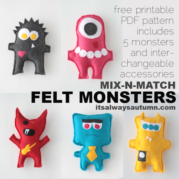 free easy sewing pattern for felt monster dolls