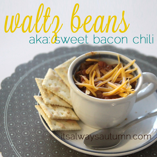 waltz beans aka sweet bacon chili in a teacup with saltine crackers