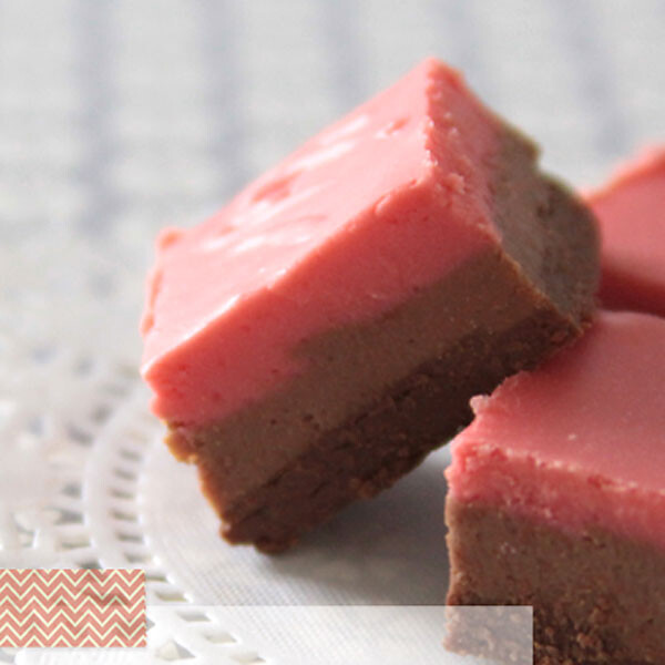 fudge with dark chocolate layer, milk chocolate layer, pink candy layer