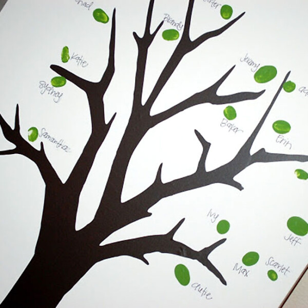 Painted tree with green fingerprints labeled with family names