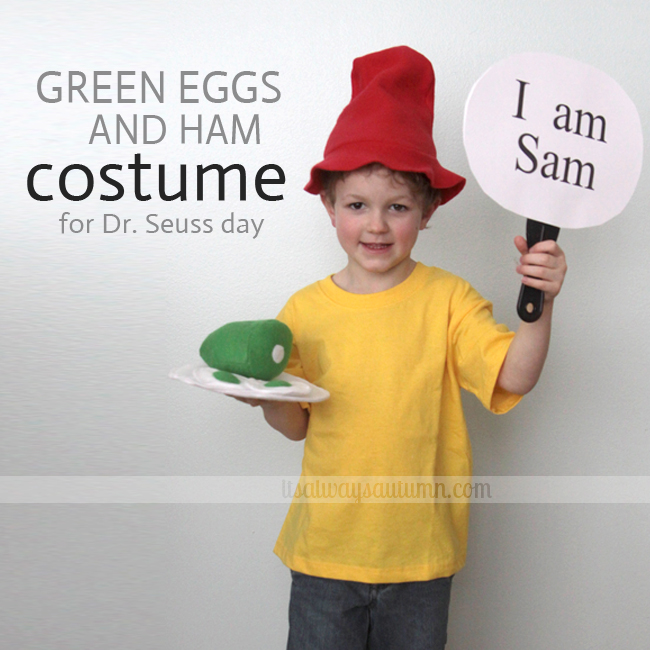 A little boy wearing a Green Eggs and Ham costume for Dr. Suess day