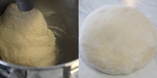 Bread dough in a mixing bowl, kneaded bread formed into a ball on a counter