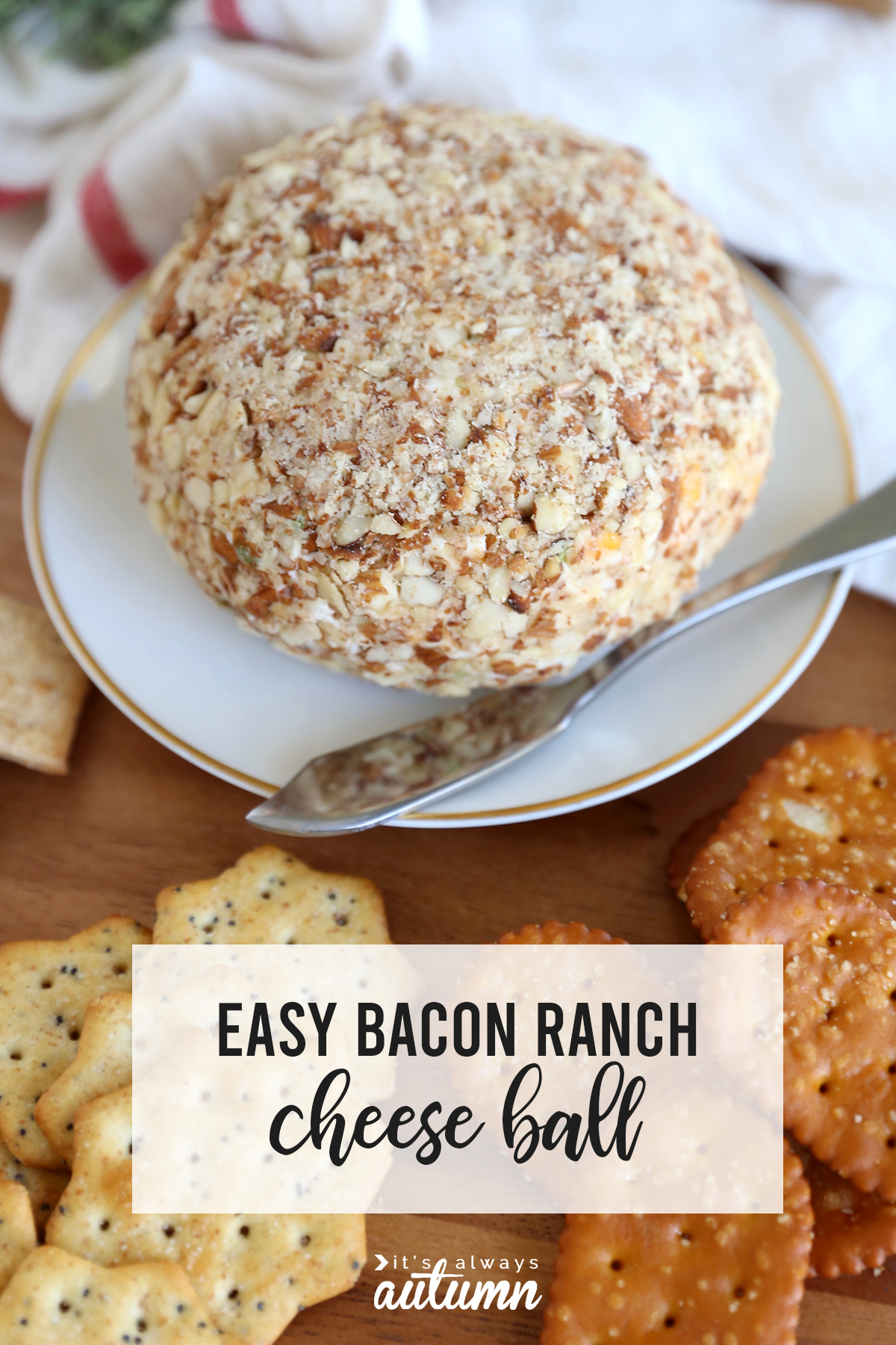 You will LOVE this easy bacon ranch cheeseball! The perfect easy appetizer for the holidays or anytime.