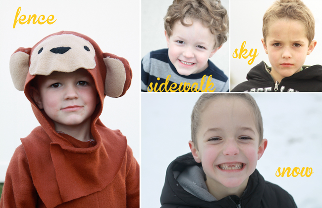 photos of little boys with plain light grey backgrounds made from a fence, sidewalk, sky, and snow