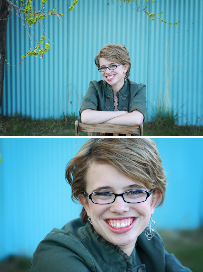 photos of a girl sitting in front of a blue corrugated wall