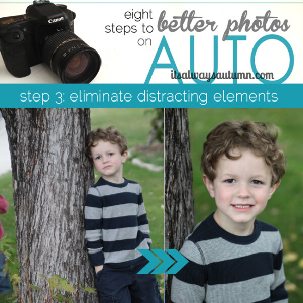 eight steps to better photos on auto, eliminate distracting elements; photo of a boy near a tree with many different things in the background; photo of same boy with just grass in the background