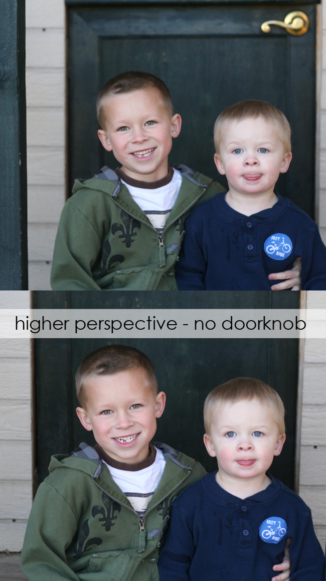 photo of boys in front of a door with a gold doorknob in the background; same photo taken from higher perspective so doorknob isn\'t there