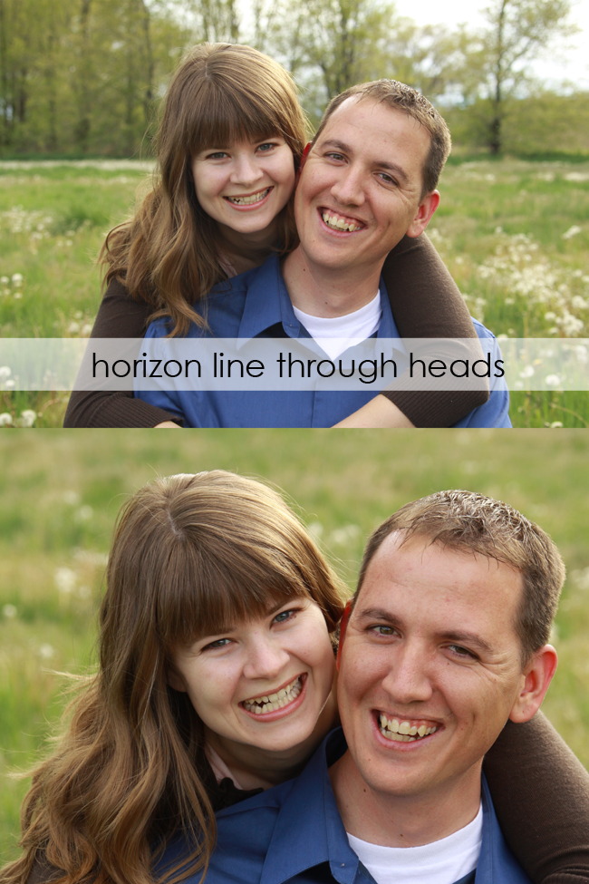 photo of man and woman where horizon line goes through their heads; photo taken from higher above so just grass is in background