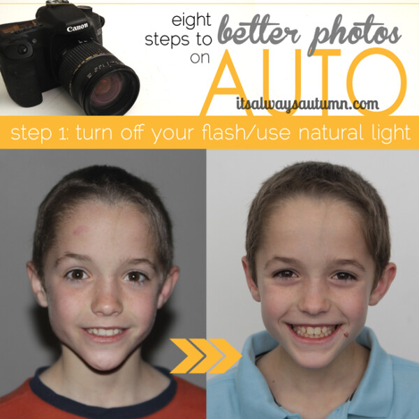 eight steps to better photos on auto, turn off your flash; photo of boy taken with flash with harsh shadow behind his head; photo of boy with better lighting so no shadow