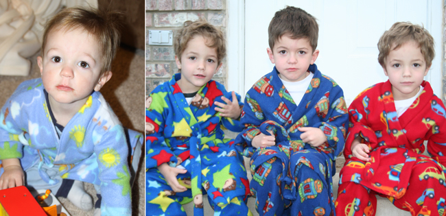 photo of boy in pajamas taken inside with a flash; photo of boys in pajamas on front porch