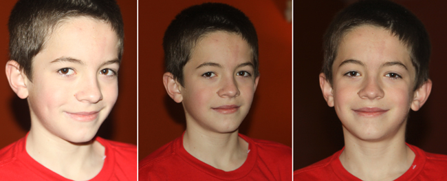 comparison photos of boy in different lighting and flash conditions