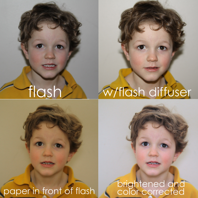 comparison photos of boy taken with flash, flash diffuser, paper in front of flash, and brightened version