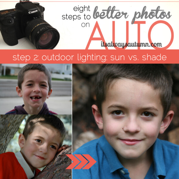 eight steps to better photos on auto, outdoor lighting: sun vs shade; poorly lit photos of boy with shadows on his face; well light photo of boy outside
