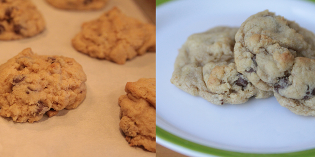 snapshot of cookies taken inside with yellow lighting and harsh shadows; photo of cookie taken outside with much better lighting and coloring