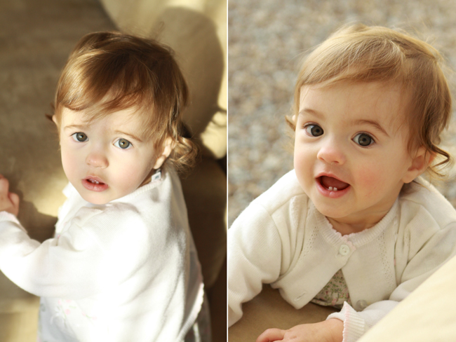 A photo of a baby with harsh lights and shadows on her face; a photo of a baby with soft lighting