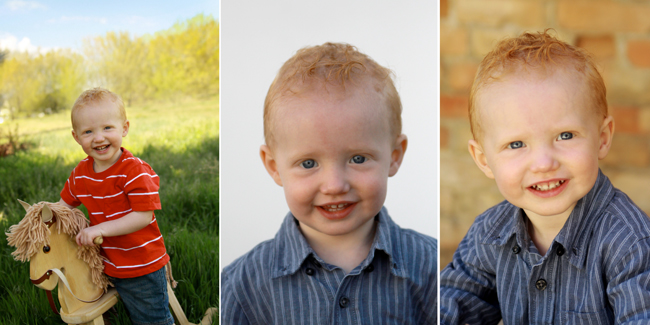 boy on a rocking horse in the grass; boy in front of plain background; boy looking slightly up in front of brick wall