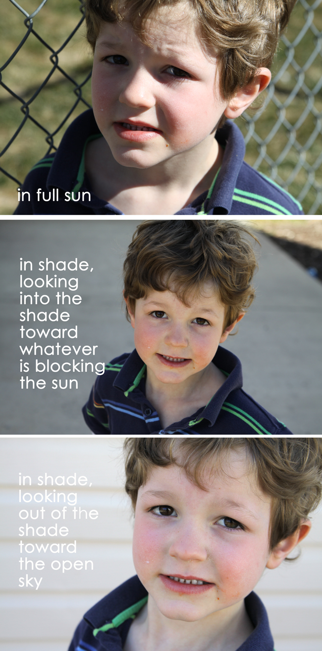 photo of boy in full sun, with bright and shadowed spots; photo of boy looking into sun with dark eyes; photo of boy looking out of shade with brighter eyes