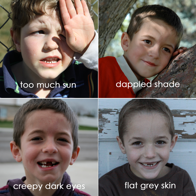 photo of boy squinting in too much sun; photo of boy with dappled shade on his face; photo of boy with dark eyes; photo of boy with flat grey skin