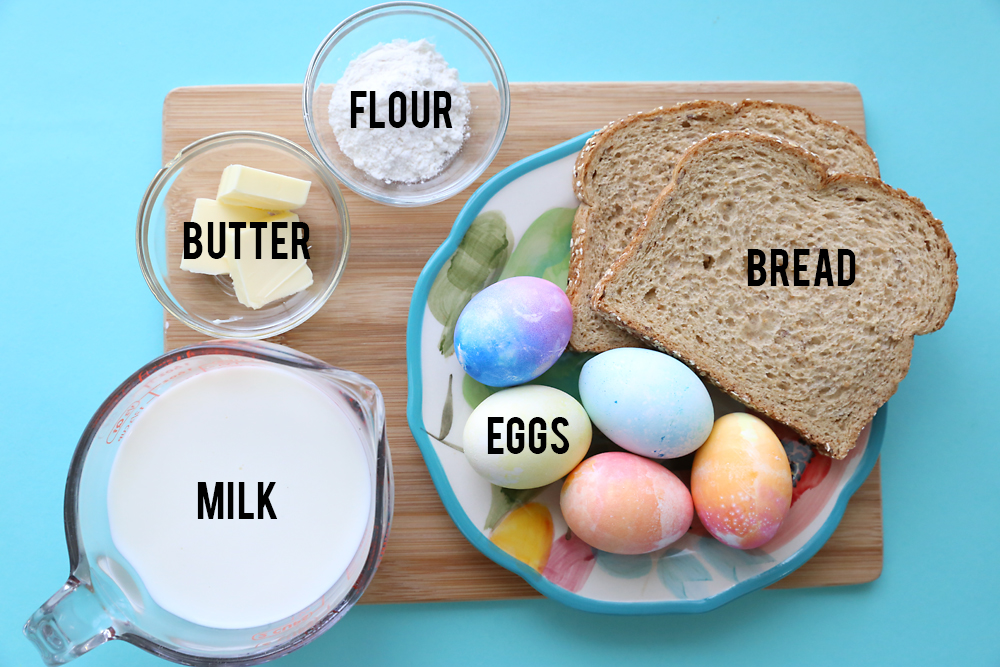 Creamed eggs on toast ingredients: milk, butter, flour, hard boiled eggs, bread