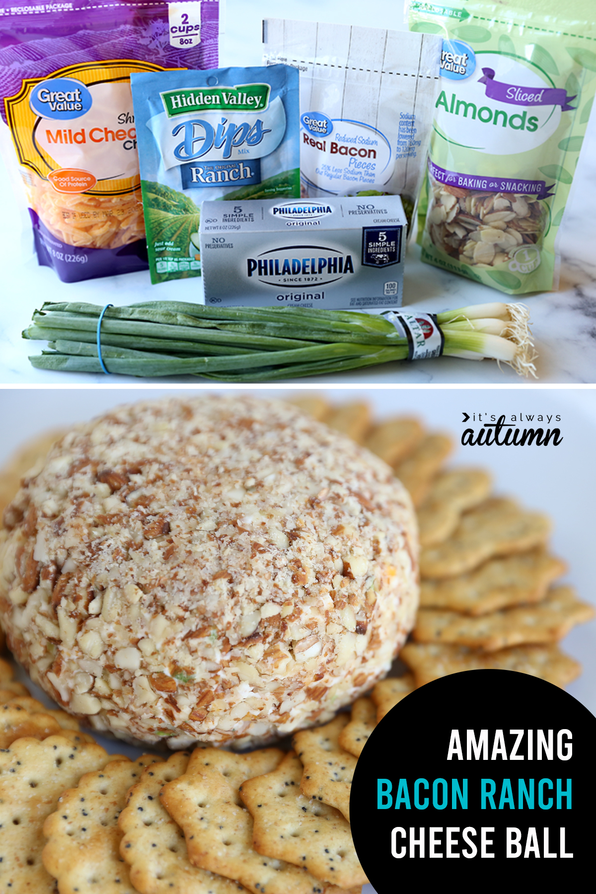 Bacon ranch cheeseball ingredients: cream cheese, cheddar cheese, green onions, ranch seasoning, bacon bits, almonds