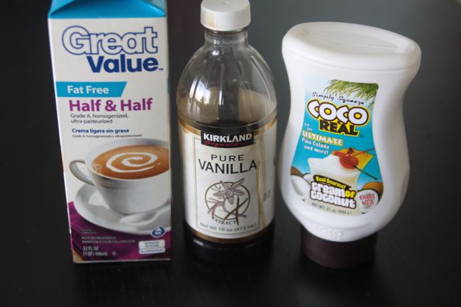 fat free half and half, vanilla, coco real cream of coconut