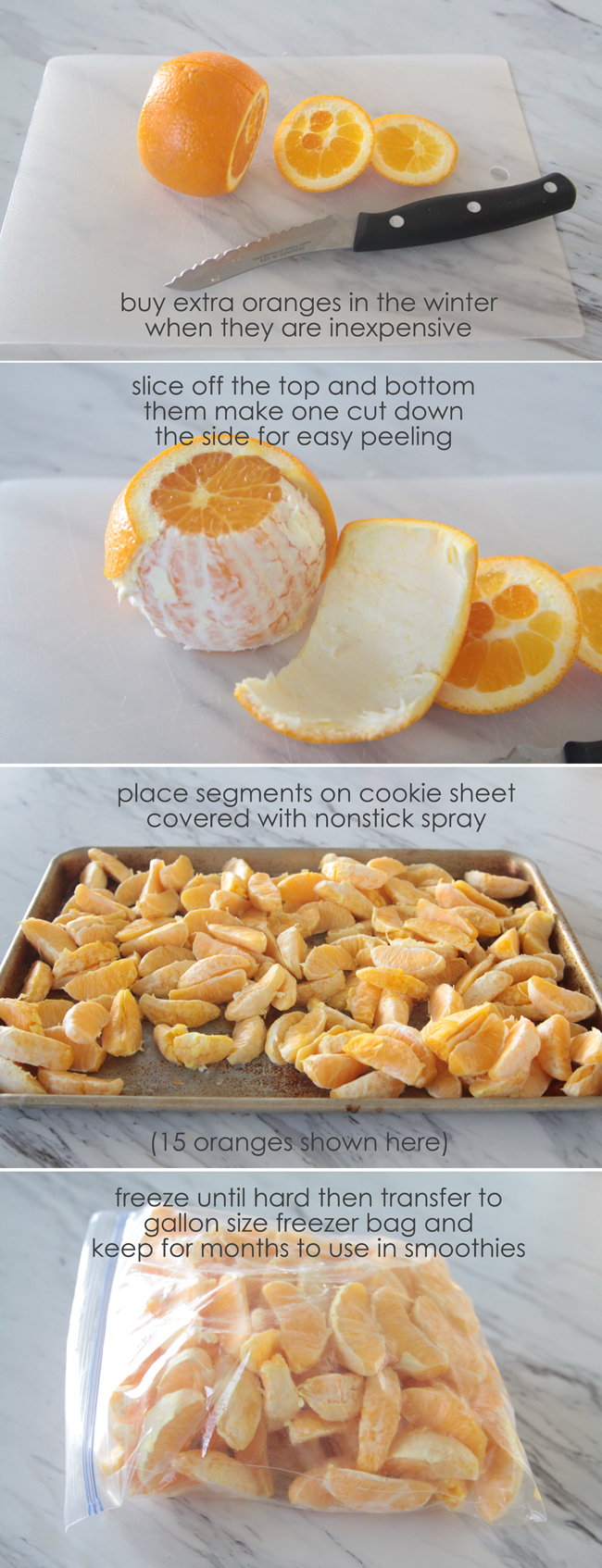 oranged peeled and sectioned on a baking tray to be frozen