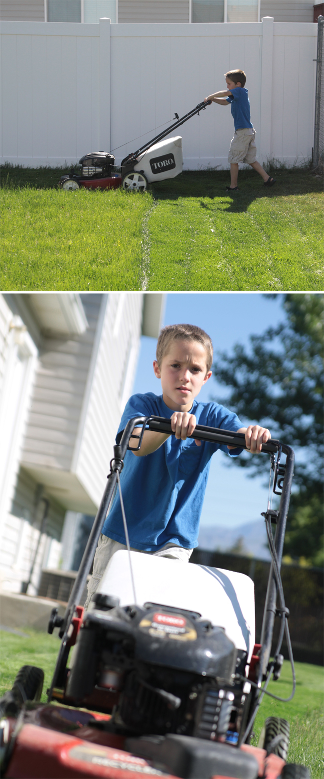 photo of a boy mowing the lawn taken from the side and far away; closer up photo taken from directly ahead of the mower