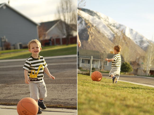 photo of little boy playing with ball; photo of same boy so mountain is in the background