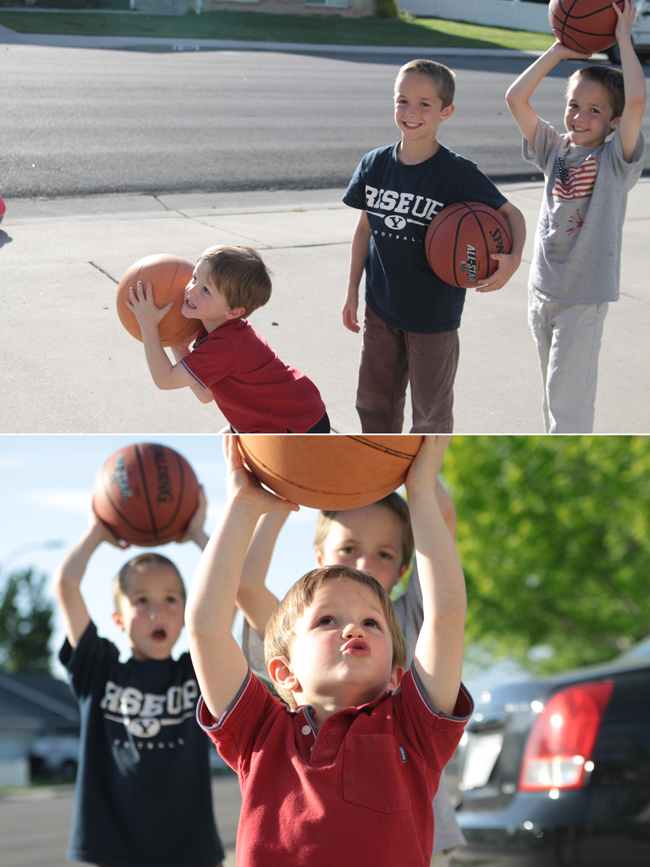 boys in a line shooting basketballs taken from the side; photo of same boys taken from directly ahead of them