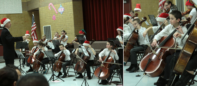 A group of people playing instruments and performing on a stage; close up photo from the side on one child playing cello