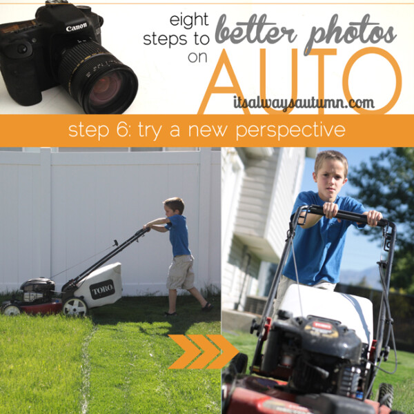 eight steps to better photos on auto, try a new perspective; photo of boy mowing lawn from the side; photo of boy mowing front directly ahead of him