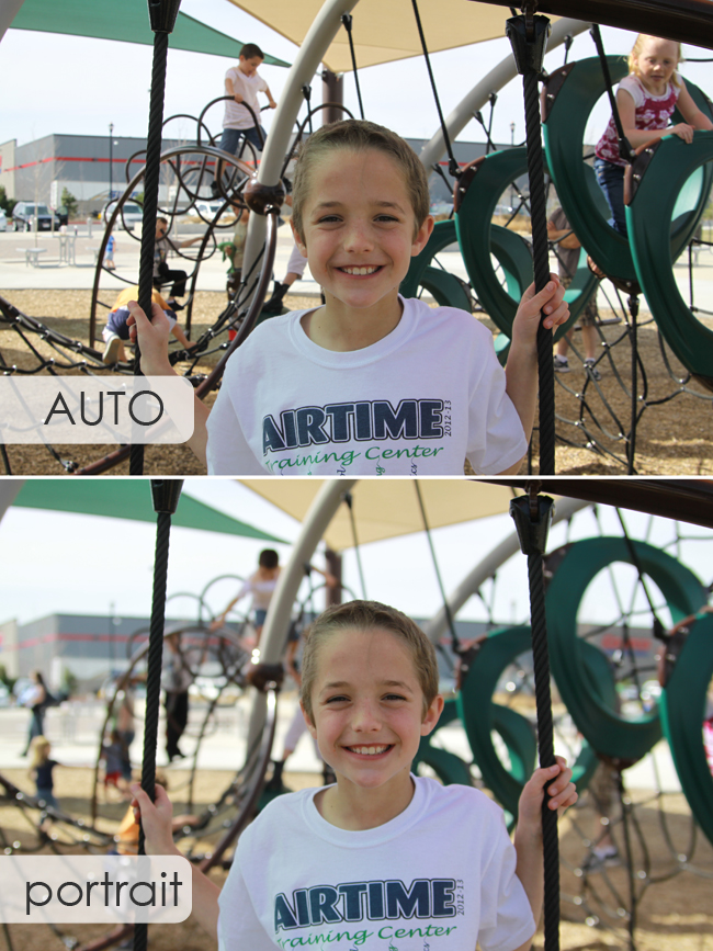 photo of a boy at a park with toys in the background taken on auto; same photo taken on portrait with blurry background