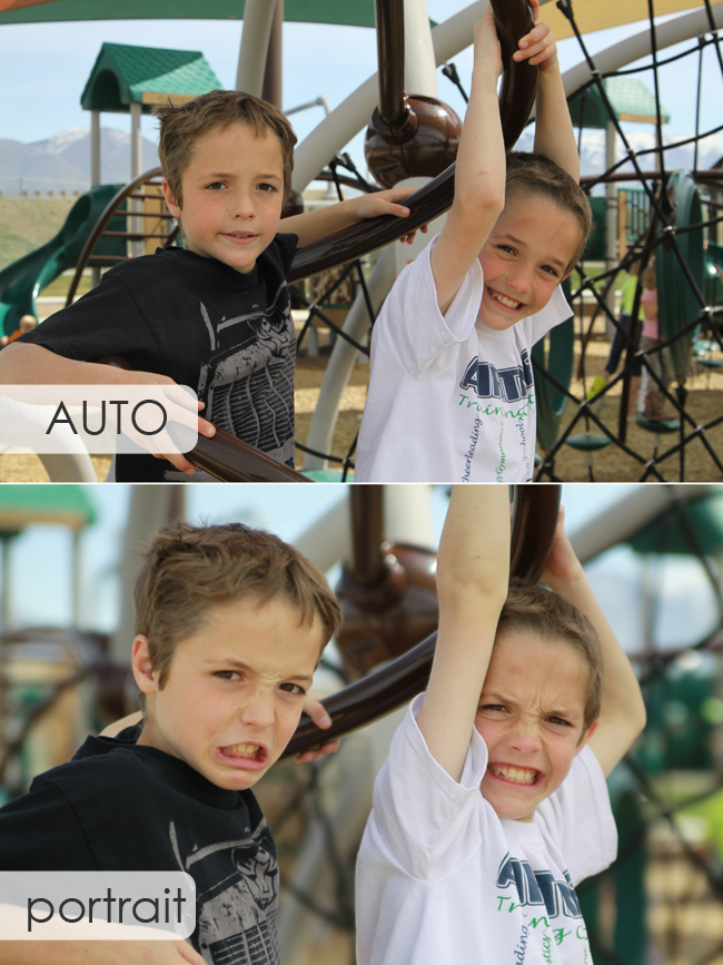 photo of a boys at a park with toys in the background taken on auto; same photo taken on portrait with blurry background