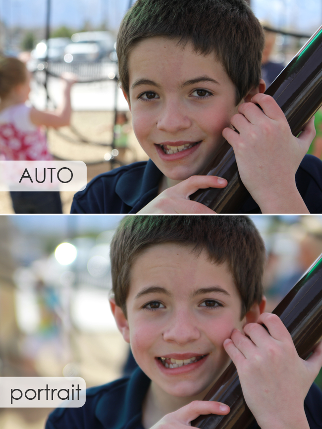 photo of a boy at a park with toys in the background taken on auto; same photo taken on portrait mode with blurry background