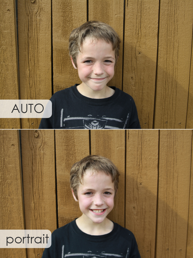 A young boy standing right in front of a fence; looks the same taken on auto or portrait mode