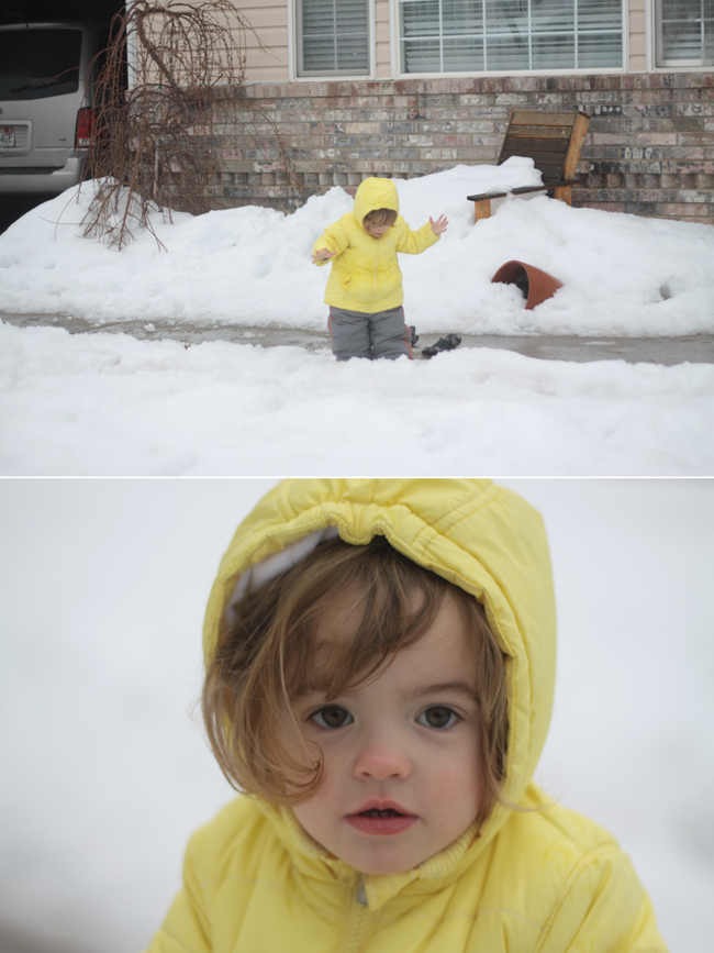 A little girl that is standing in the snow; close up of same baby girl\'s face 