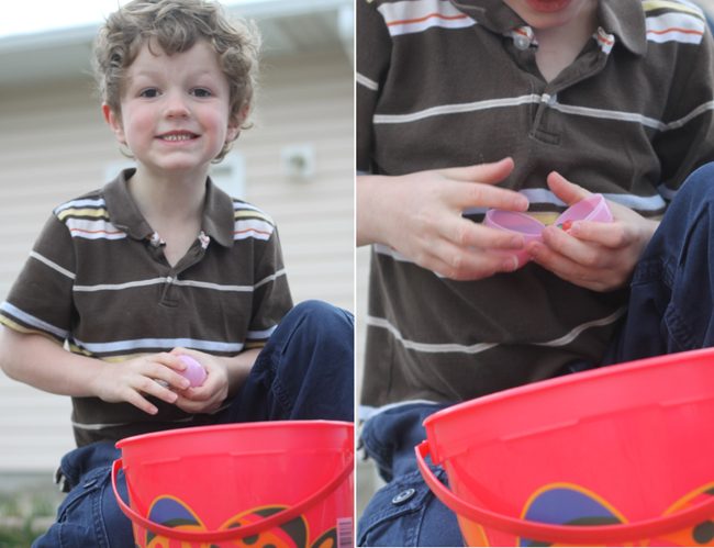 A little boy smiling with Easter basket, close up of boy\'s hands opening an Easter egg