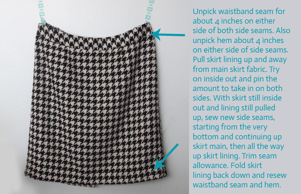 Pencil skirt hanging on the wall. Unpick waistband seam for about 4 inches on either side of both side seams. Also unpick hem about 4 inches on either side of side seams. Pull skirt lining up and away from main skirt fabric. Try on inside out and pin the amount to take in on both sides. With skirt sill inside out and linen still pulled up, sew new side seams, starting from the very bottom and continuing up skirt main, then all the way up skirt lining. Trim seam allowance. Fold skirt lining back down and reserve waistband seam and hem.