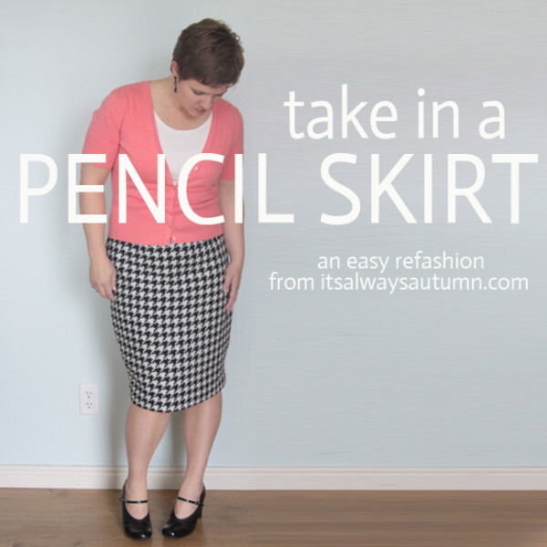 A woman wearing a black and white pencil skirt; take in a pencil skirt