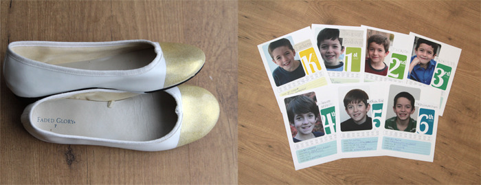 shoes on a kitchen floor; printable year in review pages on a kitchen floor