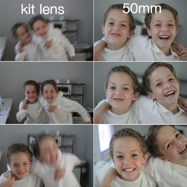 blurry pictures of boys playing and laughing taken with kit lens; then in focus pictures of same boys taken with 50mm lens