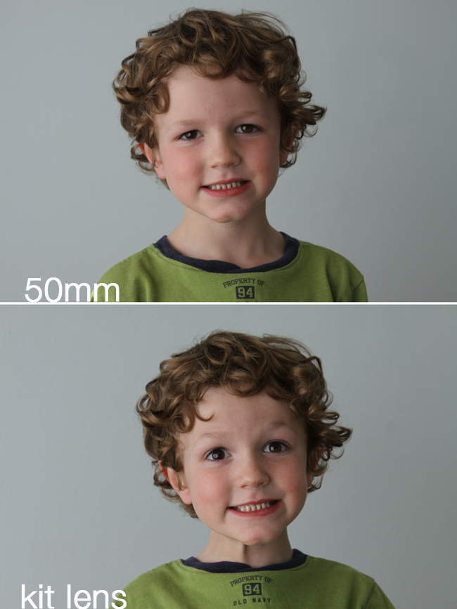 A photo of a young boy wearing a green shirt taken with 50mm lens, then similar photo taken with kit lens