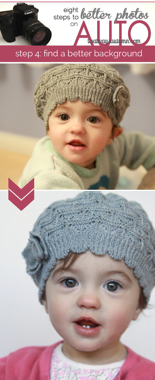 A photo of a little girl in a hat with various colors in the background, then photo of same little girl with plain white background