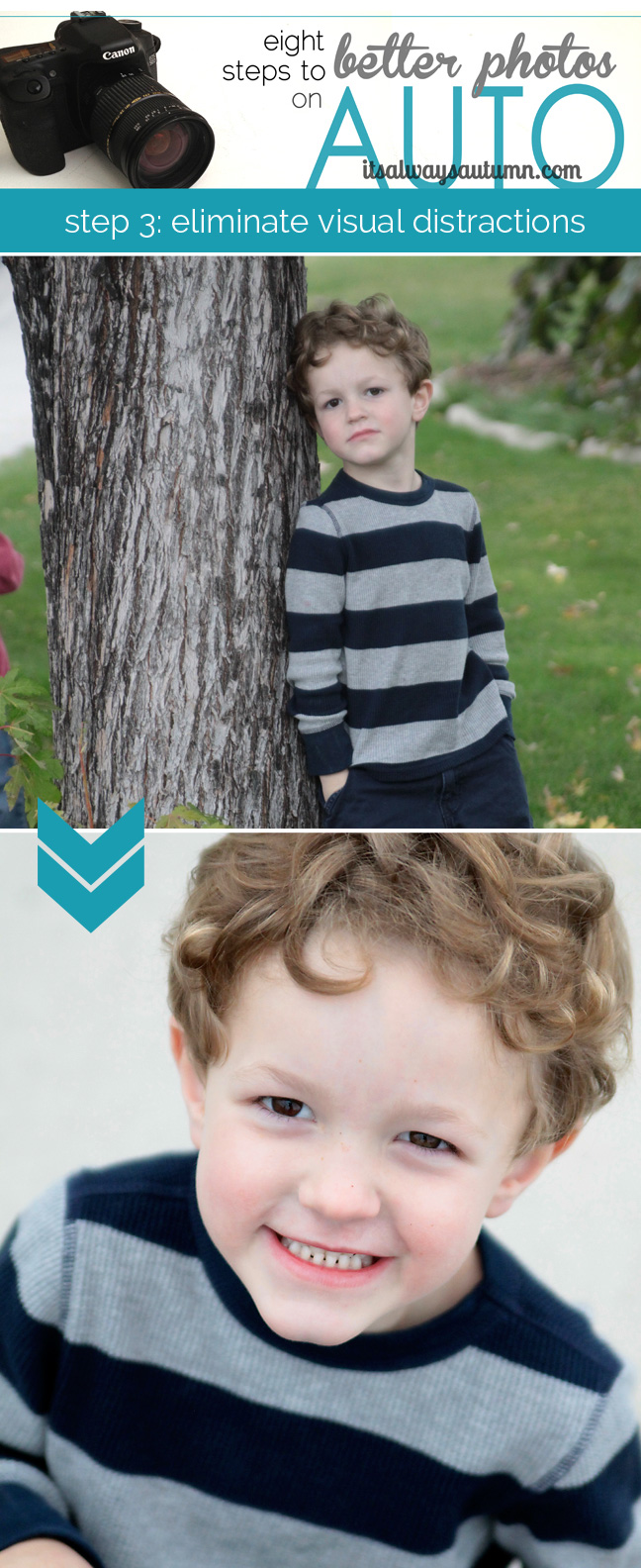 a photo of a little boy with grass, trees, cars in the background; a closeup of little boy with plain background