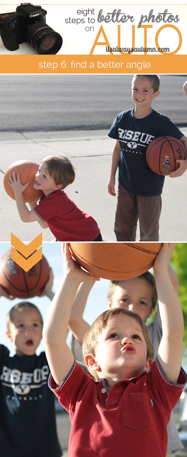 photo of boys shooting basketball taken from side and far away; closer up photo of boys taken from straight ahead