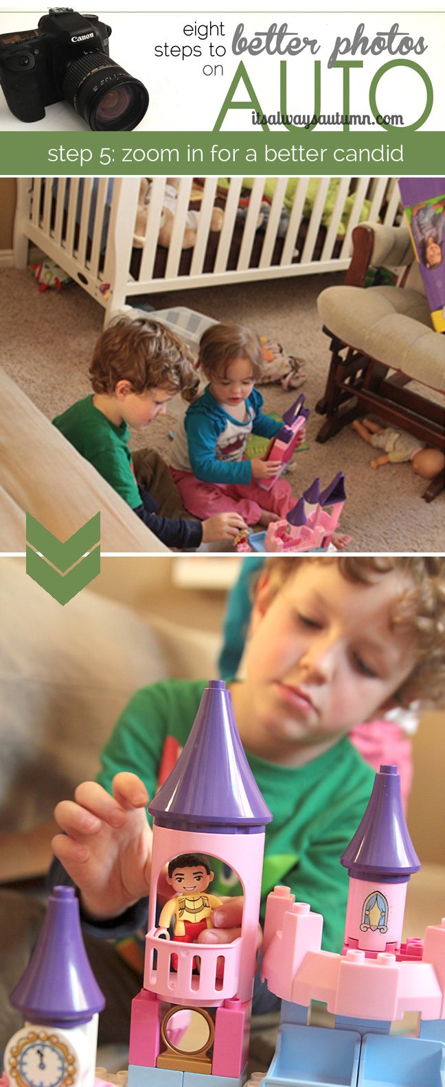 Photo of girl and boy playing with toy with furniture in the background; then closeup photo of little boy playing with toys