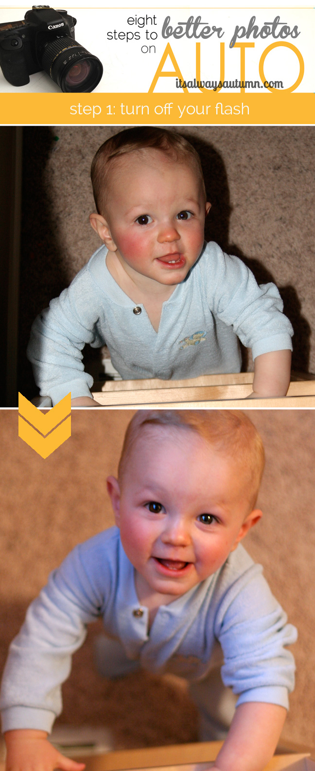 A photo of a baby boy with harsh shadows, then a well lit photo of same baby boy